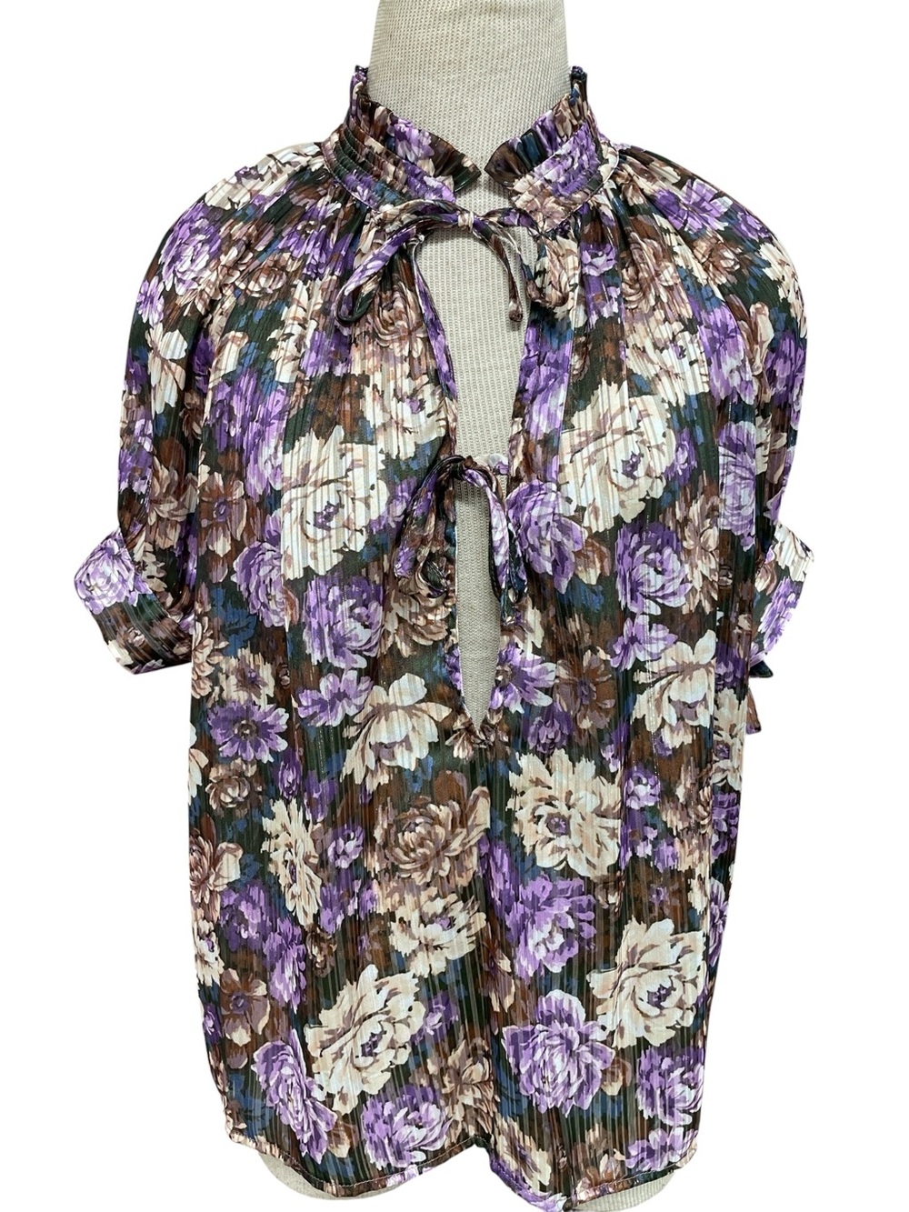 Birgitte Herskind Top Floral Tie-Neck Blouse Purple Brown Size Small 6